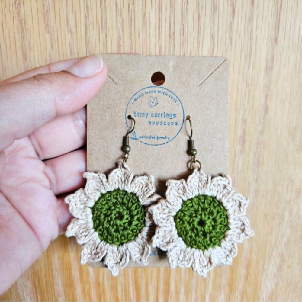 Crochet sunflower earrings woven hoops accessories and jewelry handmade